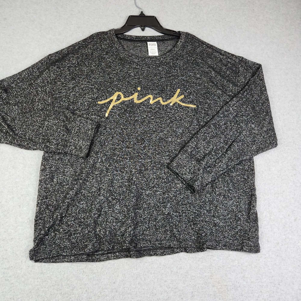 PINK Victoria's Secret Sleep Top Women XXL Gray Marled Oversized Knit Spell Out